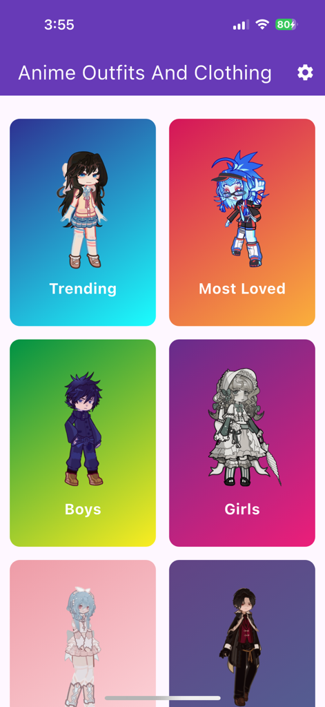 Outfits for Gacha OCs - Gacha character outfit categories screen showing trending and most loved anime fashion styles