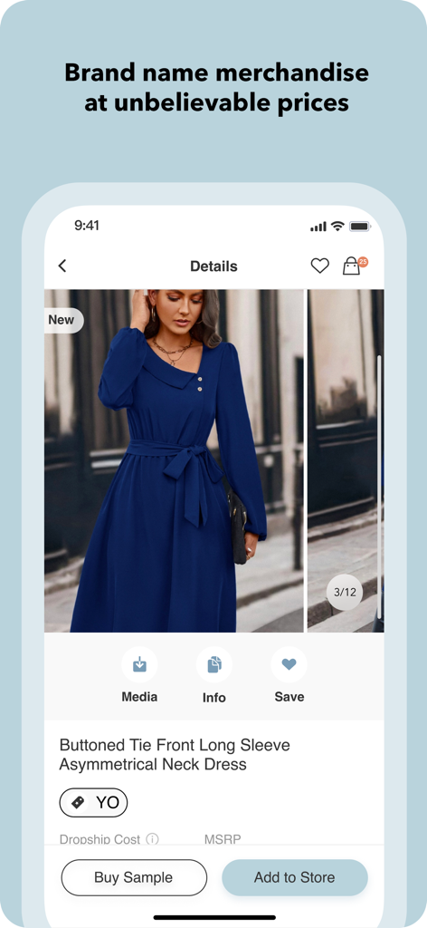 Trendsi - Fashion Dropshipping - Trendsi app product detail screen showing a blue asymmetrical neck dress with options to buy a sample or add to an online store.