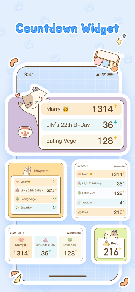 A collection of cute and aesthetic iOS countdown widgets in pastel colors with cat illustrations for tracking milestones