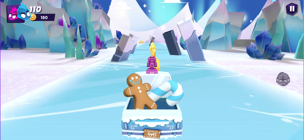 Back2Back: 2 Player Co-op Game - Uma fase temática de inverno no jogo cooperativo Back2Back apresentando um boneco de gengibre e um bastão de doces em um veículo de corrida