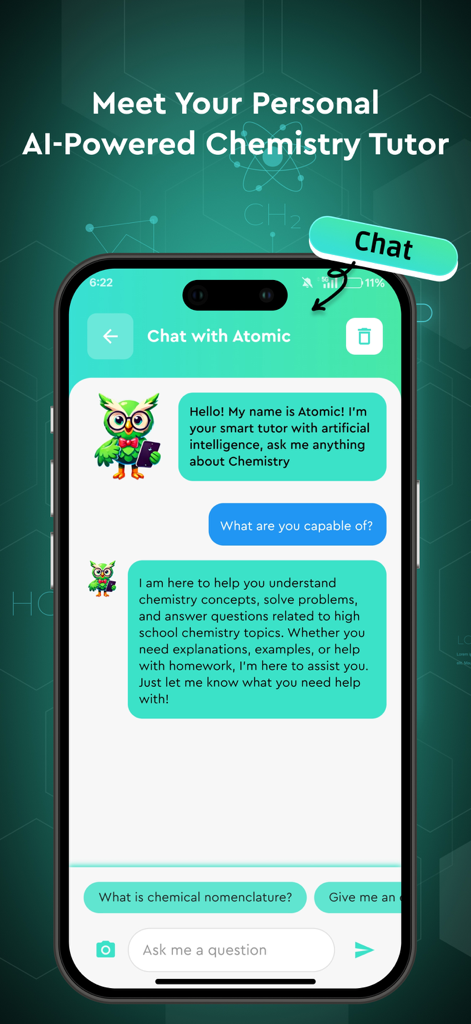 Chemify: AI Chemistry helper - Chemifyアプリのインターフェースで、AI搭載化学チューターAtomicとのチャット会話が表示されています。