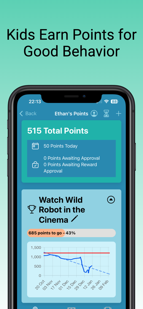 Rewards Kids: Chores & Money - Interfaz de la aplicación móvil de Rewards Kids que muestra el seguimiento de puntos de comportamiento y el progreso hacia un objetivo de recompensa de cine
