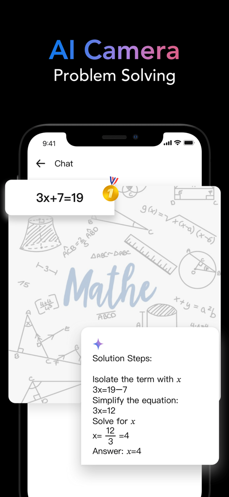 Fonction caméra IA résolvant une équation mathématique étape par étape.