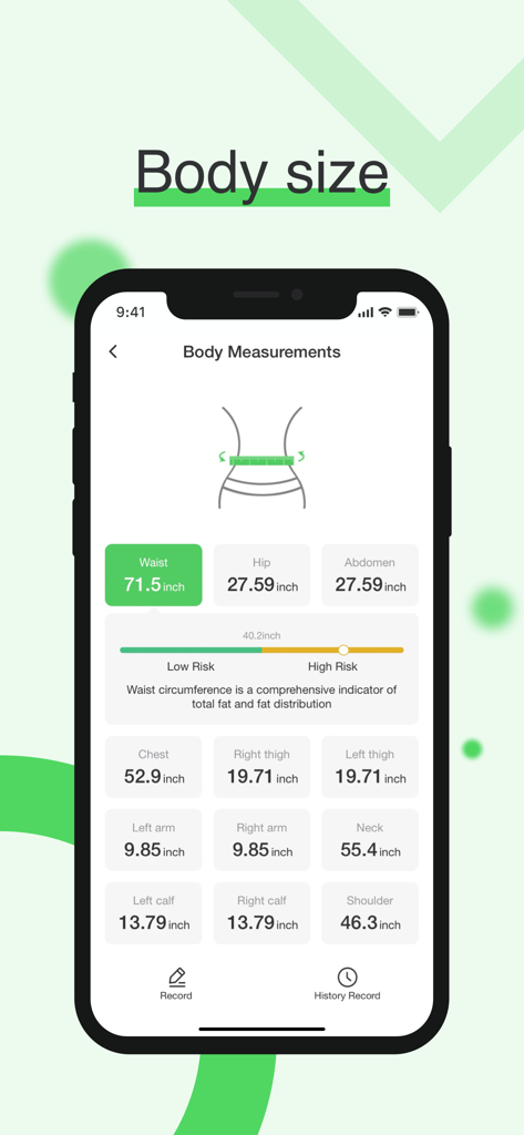 Arboleaf mobile app screen displaying a detailed list of body measurements including waist, hip, and chest circumferences with a risk assessment bar.