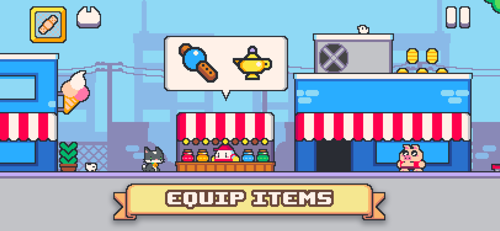 Super Cat Tales 2 - Captura de pantalla con arte de píxeles de Super Cat Tales 2 que muestra una tienda y el texto Equipar objetos