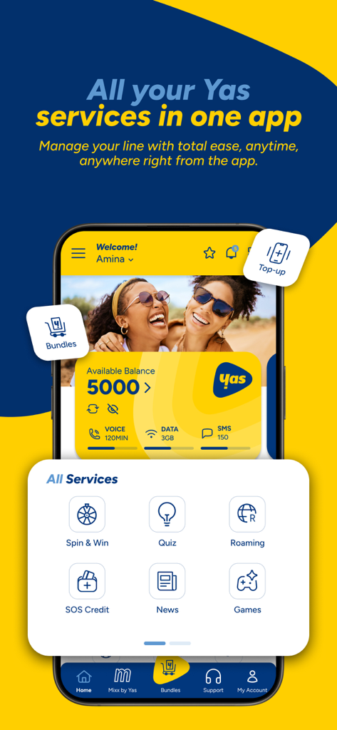 Yas App home screen showing mobile balance and integrated digital services