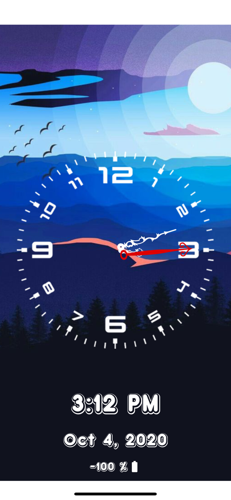 Loud Alarm Clock: Wake up Call - Interfaz de la aplicación Despertador Ruidoso que muestra la hora analógica y digital sobre un fondo de pantalla de paisaje de montaña