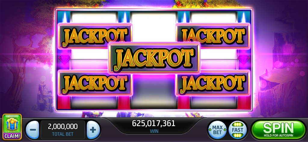 Slots Blastのゲームプレイ画面、ベガスタイルスロットマシンでの超大型ジャックポット勝利を表示