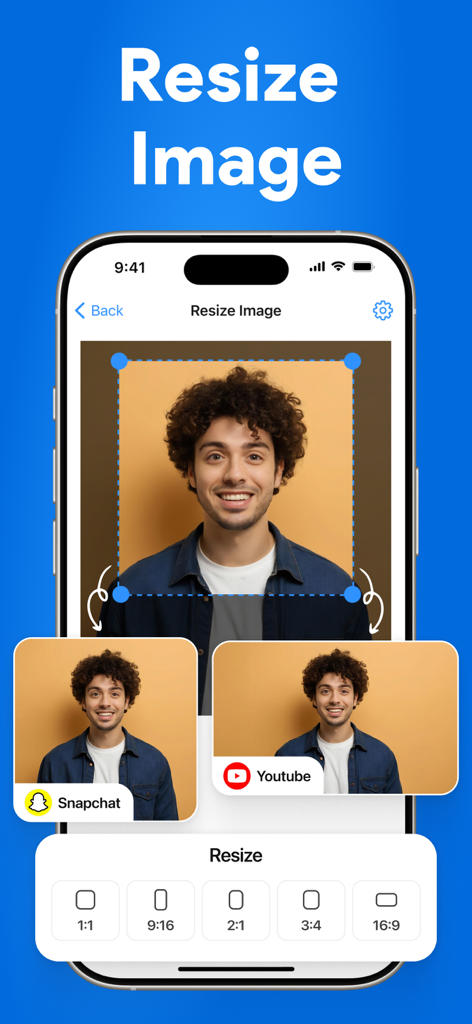 Image Converter: PNG,JPG, HEIC - A mobile app screen showing image resizing and cropping tools with social media aspect ratio presets for Snapchat and YouTube.