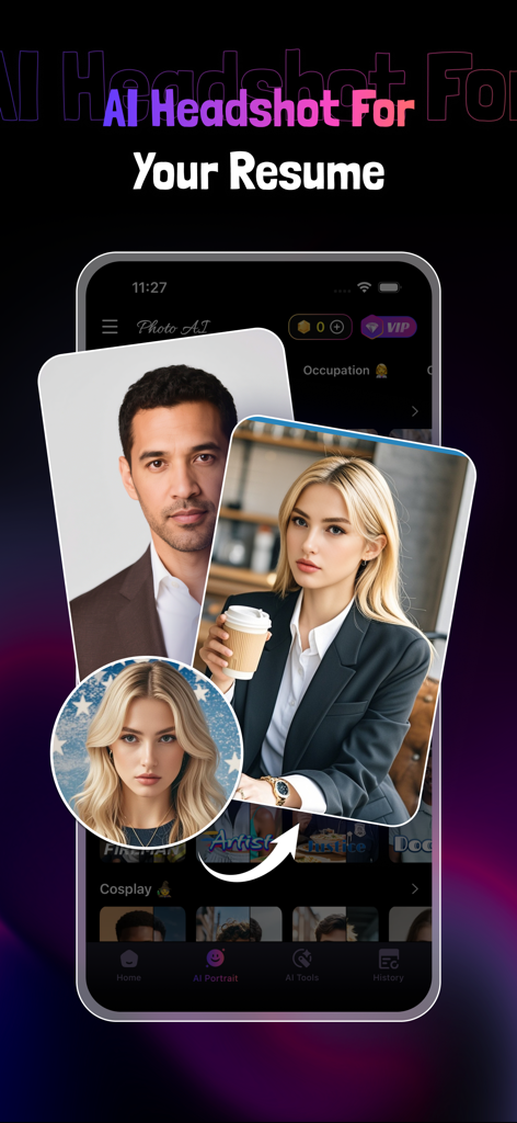 Photo AI Enhancer - KI-generierte professionelle Headshots für einen Lebenslauf, die auf einem Smartphone-Bildschirm angezeigt werden