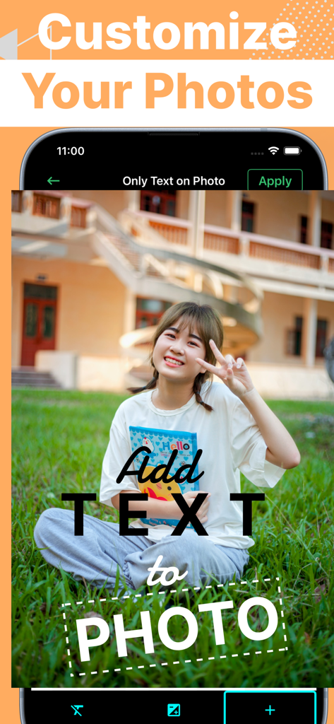 Write on Photos: Text on photo - Interfaz de aplicación móvil que muestra cómo añadir texto elegante a una foto de una mujer