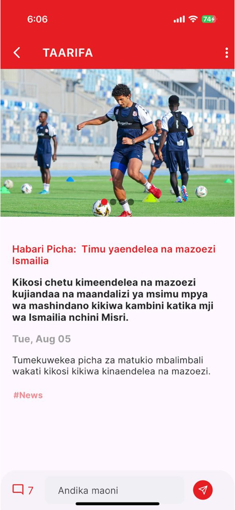 Artículo de noticias de la aplicación Simba SC sobre la sesión de entrenamiento del equipo en Ismailia