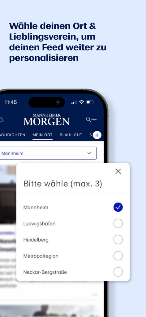 MM News app interface for selecting local regions like Mannheim and Heidelberg to personalize the news feed.