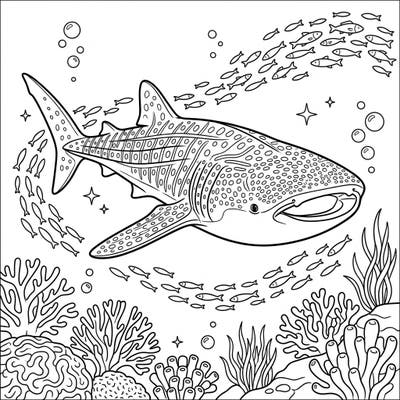 Embark on an underwater journey with this stunning whale shark coloring page, featuring the magnificent gentle giant of the ocean. Explore a vibrant marine ecosystem filled with coral, fish, and fascinating details ready for your creative touch.