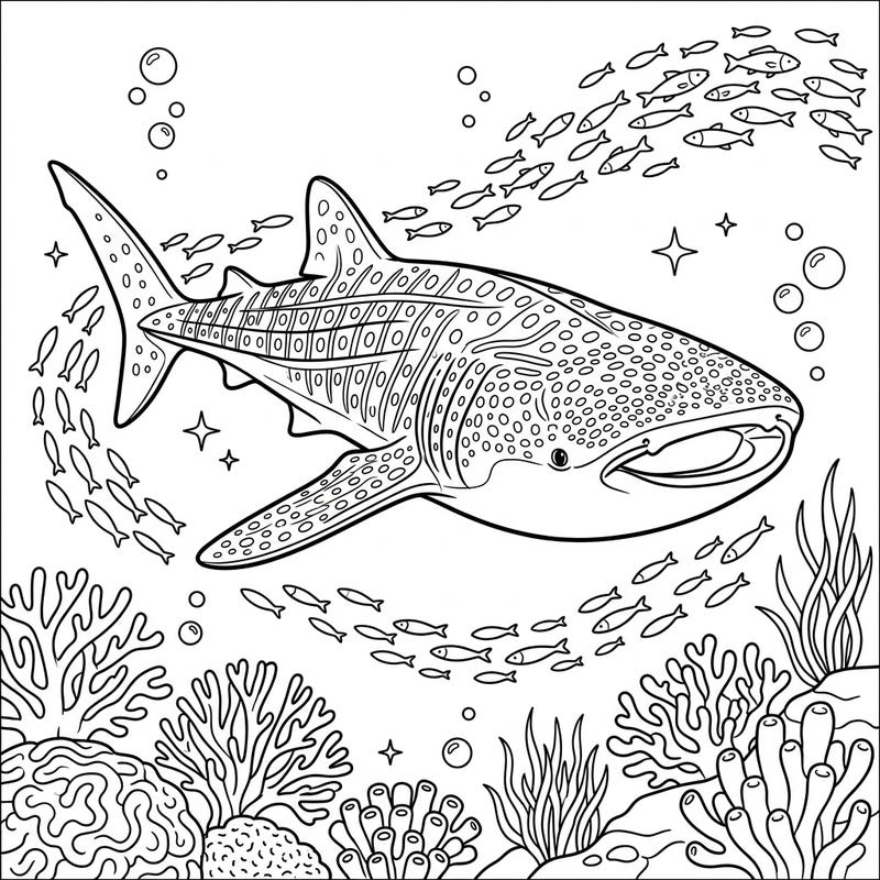 Embark on an underwater journey with this stunning whale shark coloring page, featuring the magnificent gentle giant of the ocean. Explore a vibrant marine ecosystem filled with coral, fish, and fascinating details ready for your creative touch.