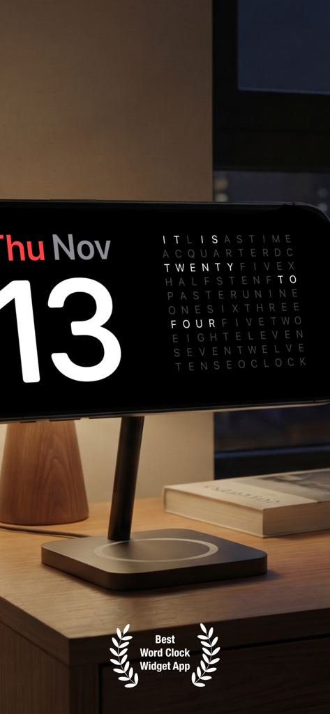 iPhone on a charging stand displaying the WordClock widget in StandBy mode