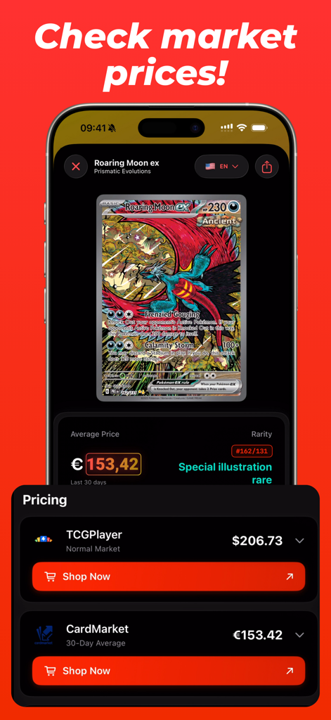 Eyevo TCG ‒ Card Scanner - Smartphone screen displaying market prices for a Roaring Moon ex card on the Eyevo TCG app