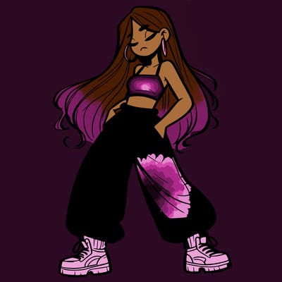 girl in baggy pants crop top and long hair