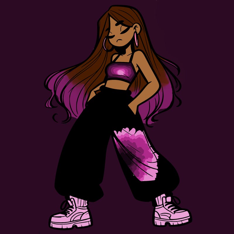 girl in baggy pants crop top and long hair