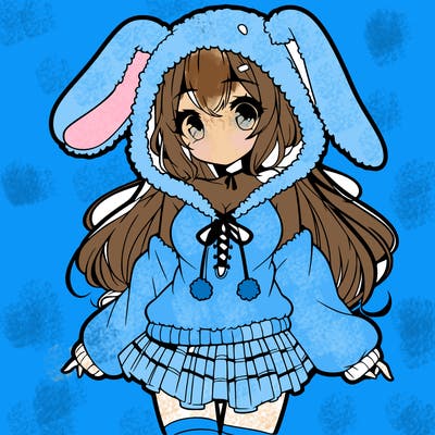 pretty anime girl wearing a fluffy hoodie with bunny ears on the hood and a skirt