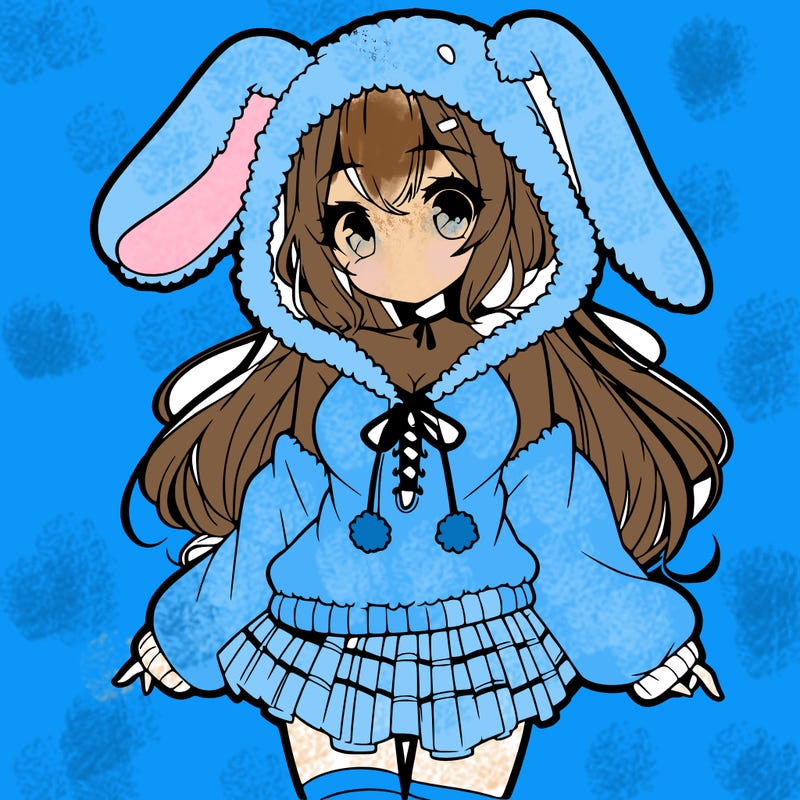 pretty anime girl wearing a fluffy hoodie with bunny ears on the hood and a skirt