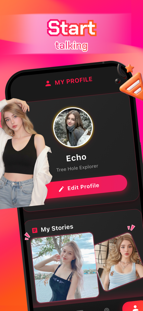 Dina - Community & Chat - A tela de perfil pessoal do aplicativo Dina mostrando a usuária Echo e suas histórias.