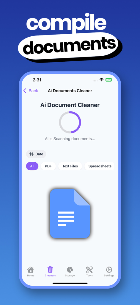Cleaner - Ai Phone Optimizer - Interface of the AI document cleaner feature scanning for PDF and spreadsheets on an iPhone.