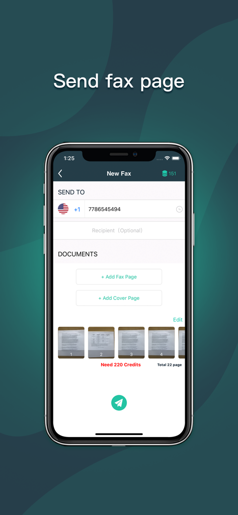 Simple Fax-Send fax from phone - Interfaz de la aplicación Simple Fax que muestra una pantalla de nuevo fax con miniaturas de documentos y número de teléfono del destinatario.
