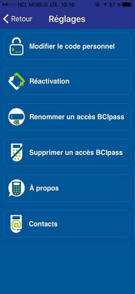 Settings menu of the BCIPass mobile banking security app showing options for code modification and account management