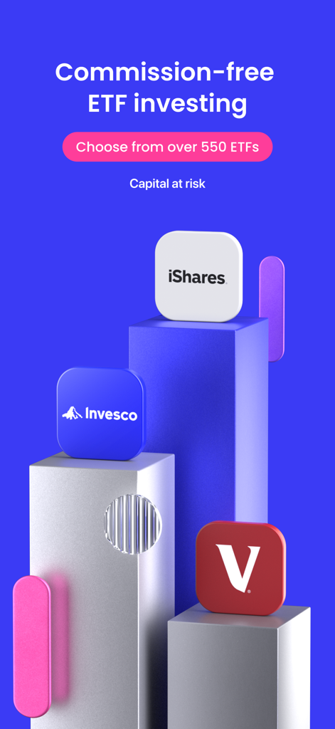 InvestEngine app promotional screen showing commission free ETF investing with logos from iShares Invesco and Vanguard
