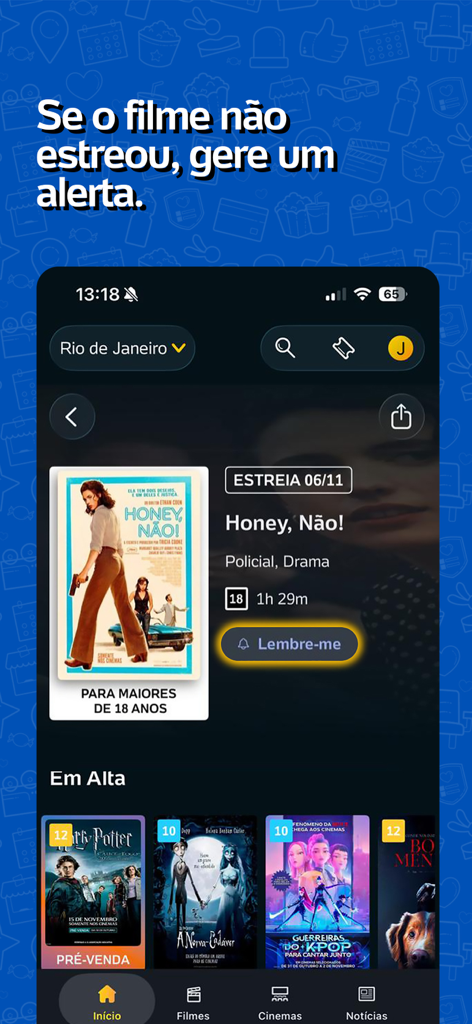 Interfaccia dell'app mobile di Ingresso.com che mostra la pagina dei dettagli di un film con il pulsante 'ricordamelo' e le locandine dei film di tendenza.
