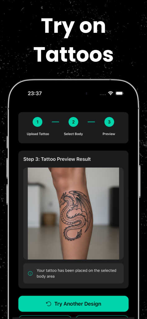 Stencify mobile app previewing a dragon tattoo design on a persons leg using the AI try on feature