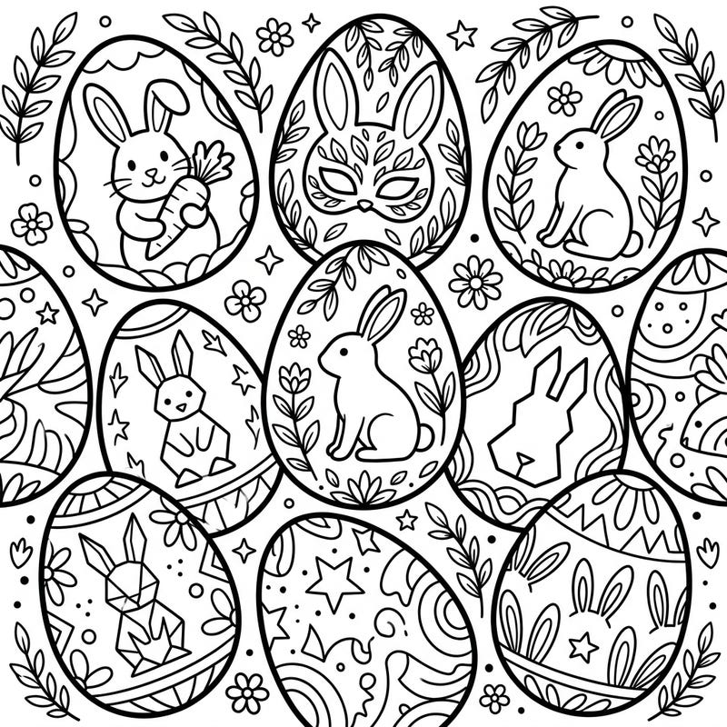 This charming coloring page features a collection of Easter eggs, each adorned with unique and adorable bunny designs. With large, clear outlines, it's perfectly crafted for seniors to enjoy a relaxing and festive coloring experience this Easter season.