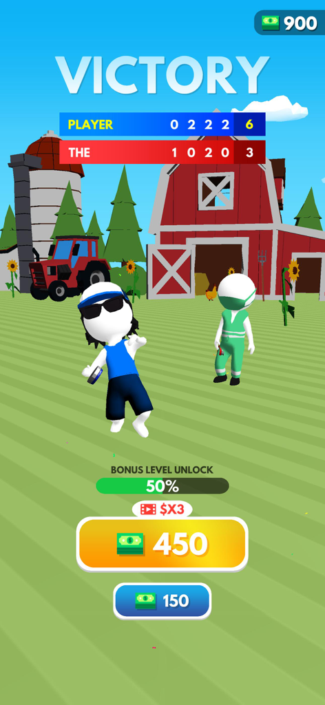 Shuffleboard Challenge - Pantalla de victoria de Shuffleboard Challenge con un personaje celebrando en un entorno de granja con un granero y un tractor.