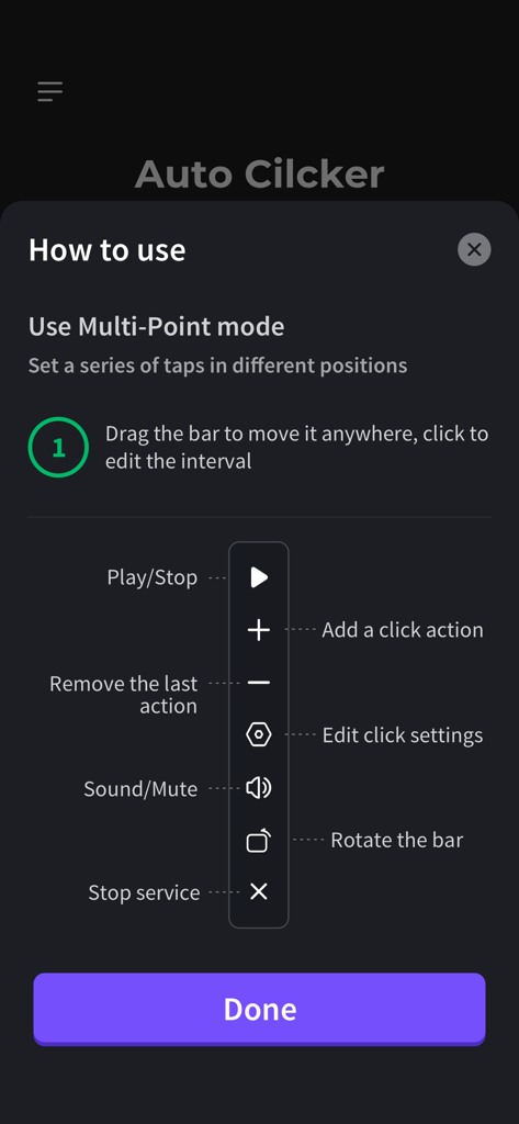 Auto Clicker：Automatic Tapper - Tutorial da interface para o aplicativo Auto Clicker mostrando a barra de controle do modo Multi-Point e os ícones de operação