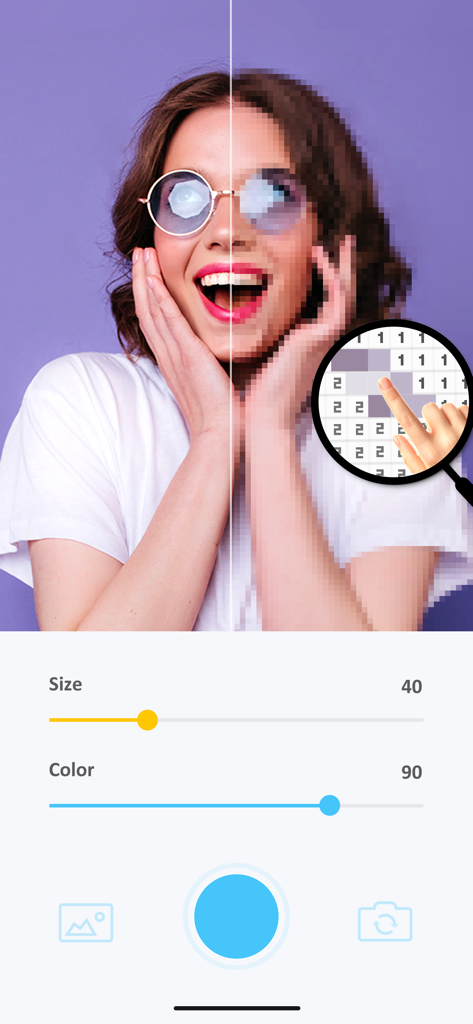 No.Pix - Color by Number - A mobile interface showing a photo being transformed into a numbered pixel art grid for coloring.