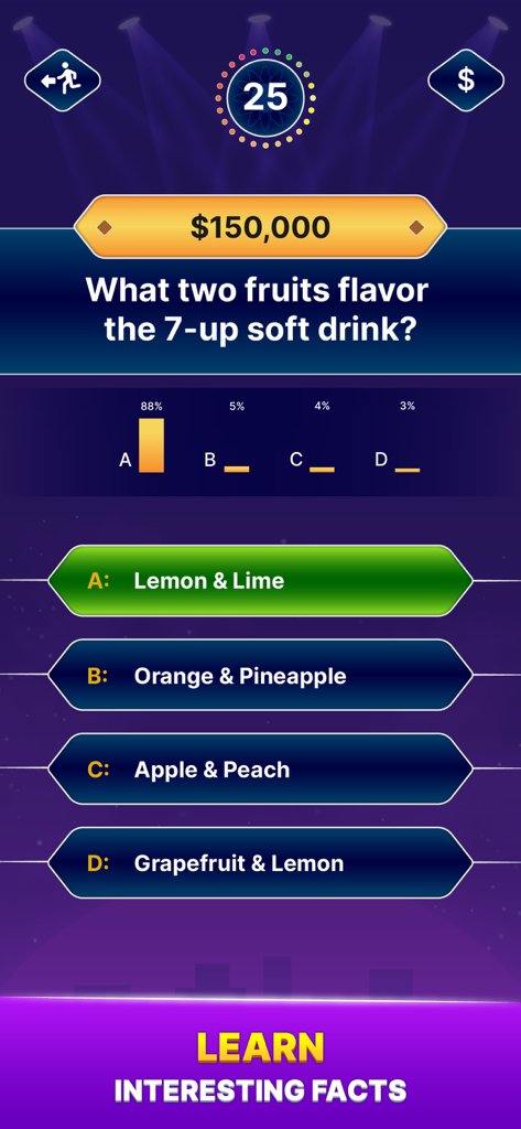 Millionaire Quiz: Trivia Games - Millionaire trivia game interface showing a question about soda flavors with audience poll results