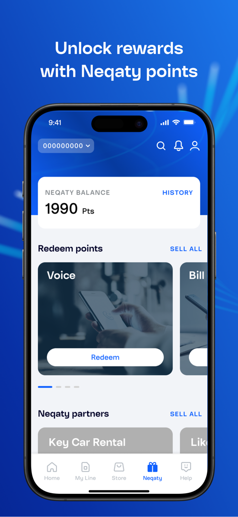 Schermata dell'app Mobily che mostra il saldo dei punti Neqaty e le opzioni di riscatto dei premi