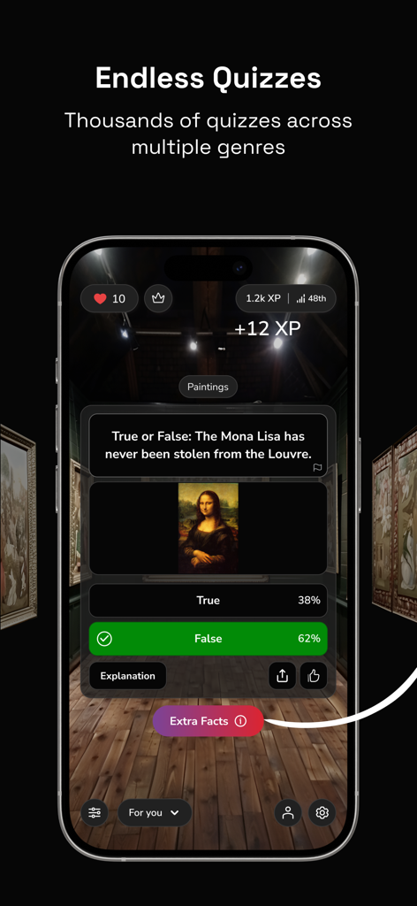 A true or false trivia question about the Mona Lisa painting displayed on the QuizFlow app with a dynamic art gallery background.