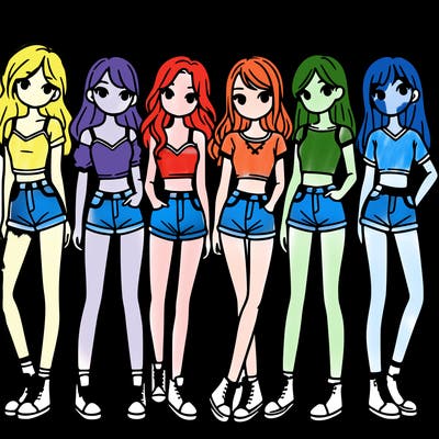 a group of girls wearing crop tops and shorts