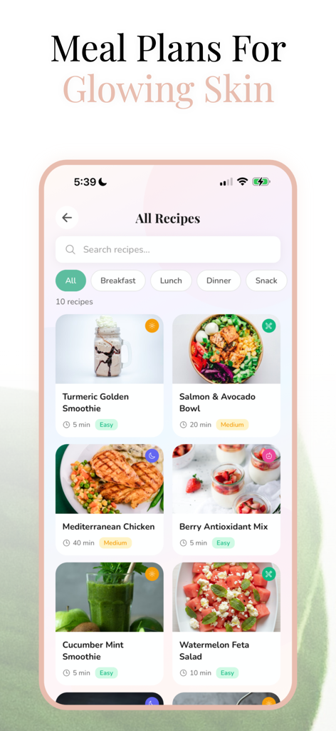GlowLift: Face Yoga & Skincare - GlowLift app displaying various meal plans and healthy recipes for glowing skin