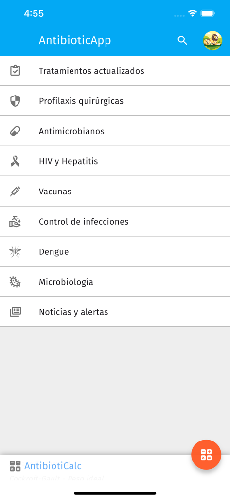 AntibioticApp - Main menu of AntibioticApp showing medical clinical categories in Spanish.