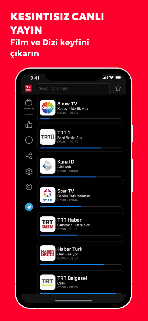 TV İzle: Watch Shows & Films - Schermata dell'app mobile che mostra un elenco di canali TV turchi popolari per lo streaming in diretta