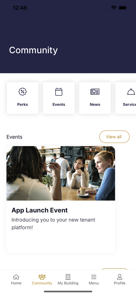 PLQ Workplace V3 - The community screen of the PLQ Workplace app displaying icons for perks events and news