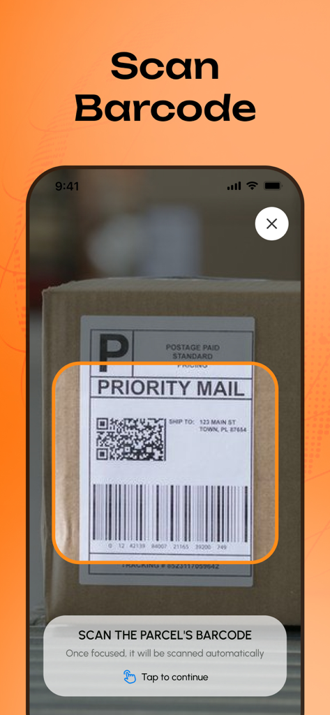 Interfaccia di app mobile che mostra la funzione di scansione del codice a barre per tracciare un pacco prioritario