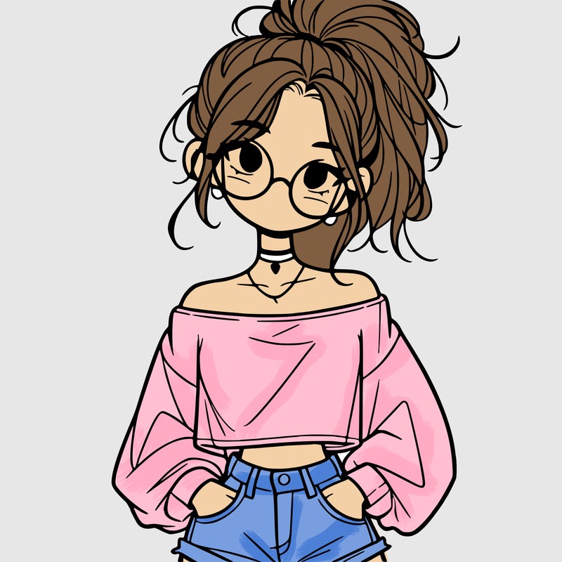 girl with a messy ponytail glasses a baggy crop top and jean shorts
