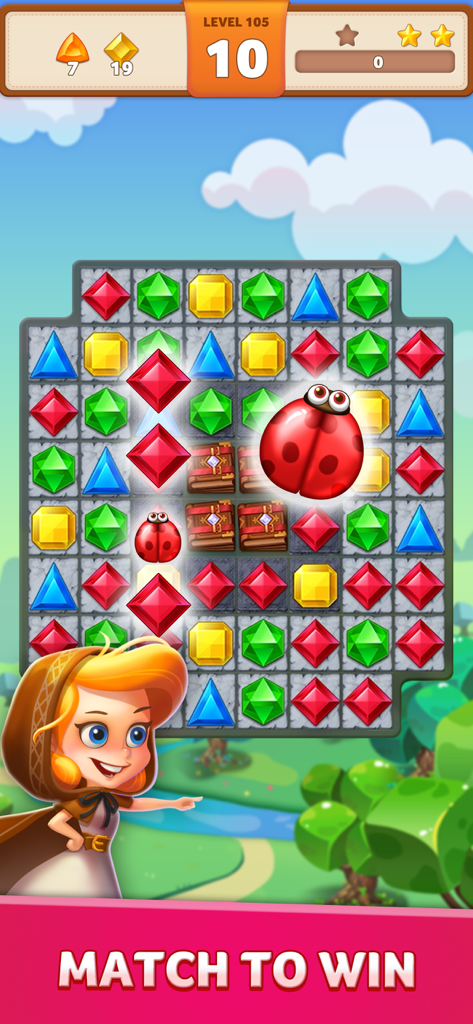 Jewel Match King - Jewel Match King match three puzzle level with colorful gems and a ladybug