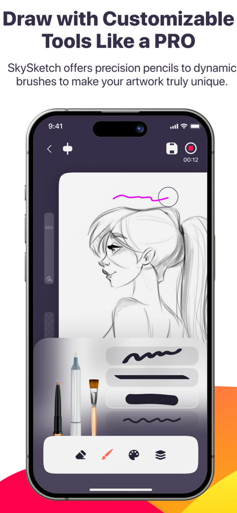Sketchify - AR Drawing Lessons - Interface de l'application Sketchify montrant un portrait au trait avec des pinceaux et des crayons numériques personnalisables