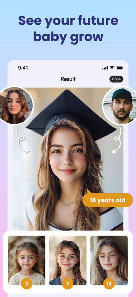 AI generated photos showing a future child at different ages from 2 to 18