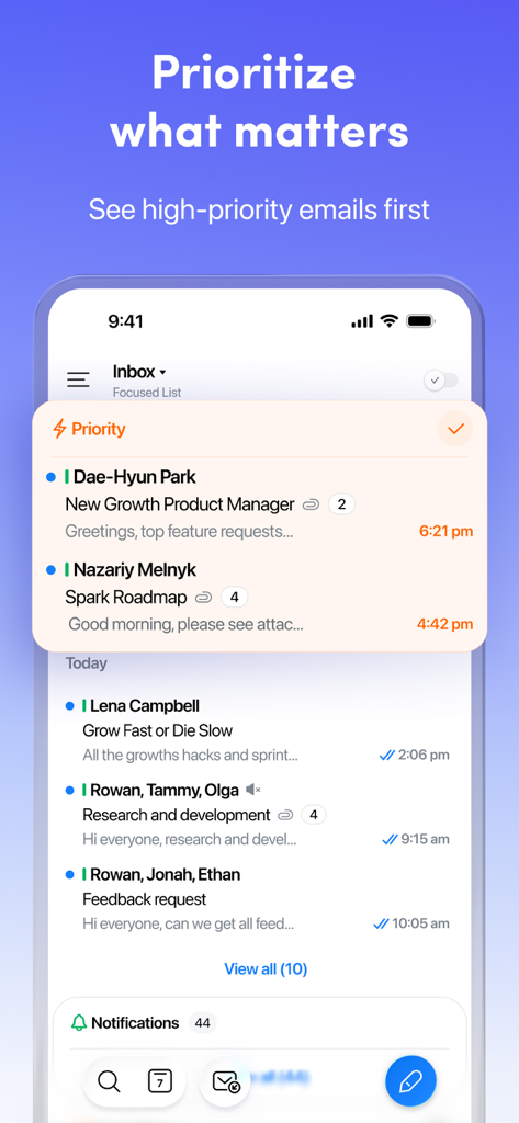 Spark AIメールおよびカレンダーアプリ、インボックス内の高優先度メールをハイライト